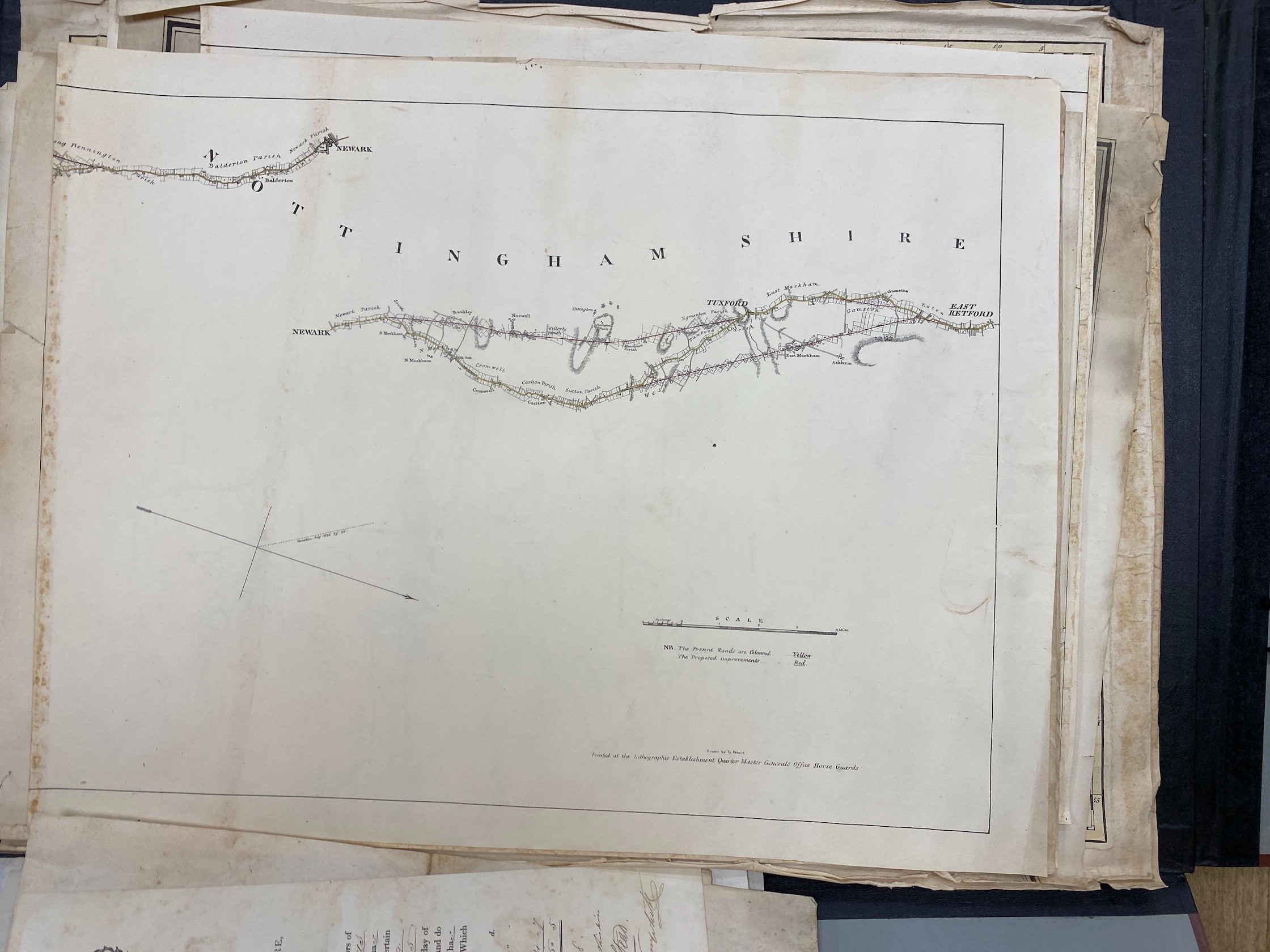 A folio of various engraved maps, coloured in outline, including the County of Somerset; the County of Wilts, both by Emanuel Bowen, Thomas Telford’s London to Morpeth Mail Road Index Map, 1827, on 18 sheets, sundry 18th
